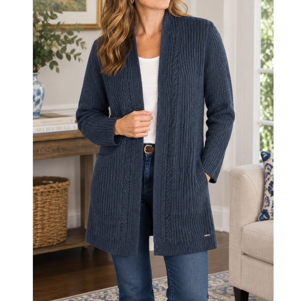 Joules Adelaide Navy Blue Ribbed Cable Knit Open Front Longline Cardigan US 8